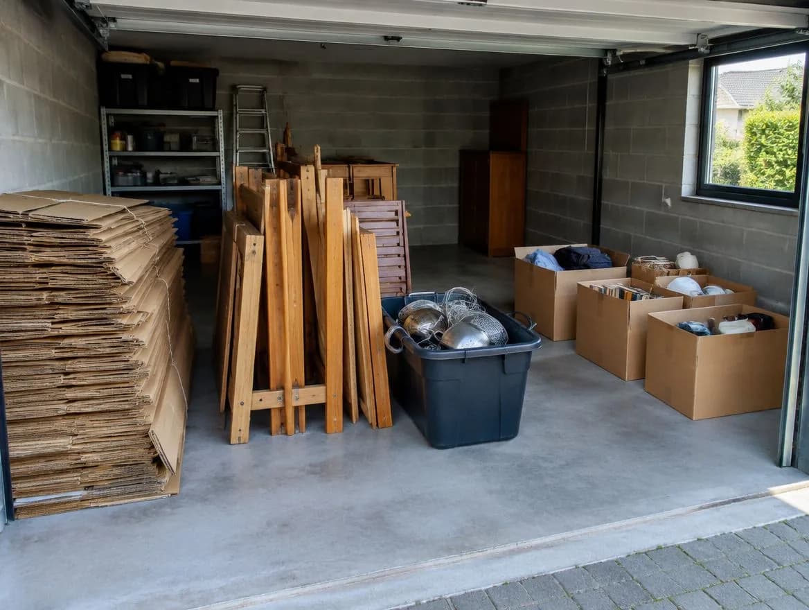 Gesorteerde inboedel in een garage, klaar voor kringloop en recyclagepark