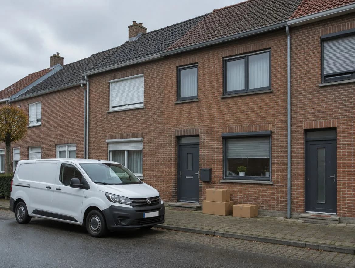 Rijwoning in Limburg met bestelwagen en dozen op de stoep
